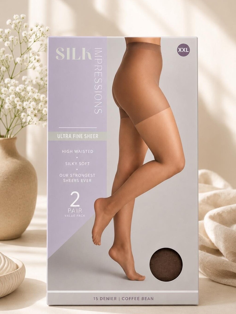 2 Pair Silk Impressions Ultra Fine Sheer High Waisted Pantyhose Coffee Bean XXL